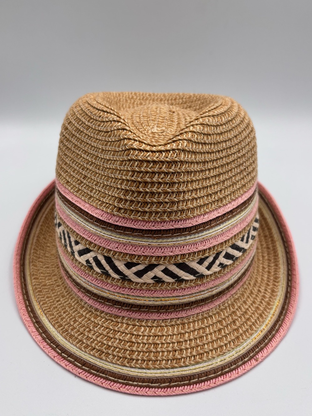 Scala Pronto Pink/Brown/Cream Trim Fedora Straw Hat Boho Coastal Grandma Resort